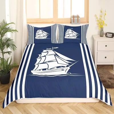 Nautisch Zeilboot King Queen Dekbedovertrek Kust Zeilboot Beddengoed Set Zeeavontuur Dekbedovertrek Polyester Dekbedovertrek 70x133cm 2pcs