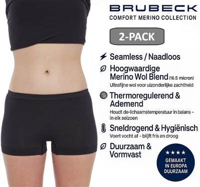 Brubeck Dames Boxershort – Merino Wol Blend Naadloos Ondergoed – 2 PACK - Zwart – Maat S