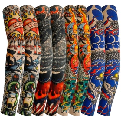 Multicolor tattoo mouwen armmouwen set voor heren en dames – 8 stuks elastische tattoo sleeves met realistische tattoo print, draak, schedel, vlammen en old school tattoo patronen – naadloze arm sleeves