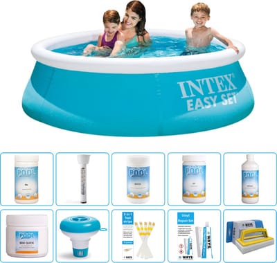 Intex Rond Opblaasbaar Easy Set Zwembad - 183 x 51 cm - Blauw - Inclusief Chloor - Chloordrijver - Testrips - Reparatiesetje - Scrubborstel - PH-min - PH-plus - Thermometer - Anti Alg - 11-delig