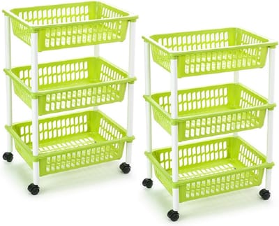 Plasticforte keukentrolley/badkamer trolley - 2x stuks - op wieltjes - 3-laags - lime groen - kunststof - 40 x 30 x 61,5 cm