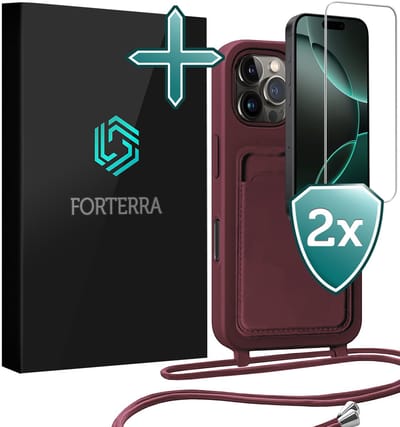 Hoesje Geschikt voor iPhone 16 Pro Pashouder Case Siliconen Hoes Met Koord Met 2x Screenprotector - Hoes Geschikt voor iPhone 16 Pro Met Telefoonkoord Hoesje Back Cover Met Pasjeshouder - Aubergine