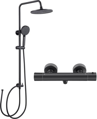 Auralum Max Regendouche met Thermostaatkraan - Douchesysteem - 10 inch Douchekop - 4 Standen handdouche - met Thermostatische Mengkraan - Verstelbare Hoogte 74-112 cm - Waterbesparend - Zwart