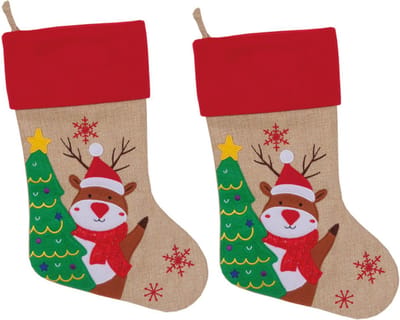 Set van 2x stuks kerstsok beige/rood met rendier print 46 cm - Kerstversiering/kerstdecoratie kerstsokken