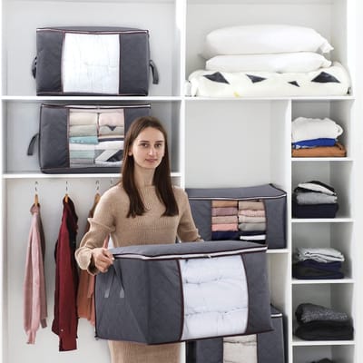MONTKIARA 3 stuks 90 liter opbergtassen, opbergdoos met deksel, grote kledingopslag, verhuisdozen, opvouwbare opbergdozen voor dekbedden, kleding, onderbed, kledingkast, grijs