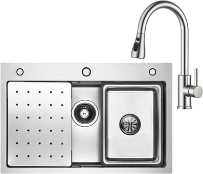 CECIPA max Spoelbakken met Kraangat 70x45 cm - Spoelbak Keuken Met Keukenkraan Met Uittrekbare Uitloop - Multifunctionele Spoelbak - Incl. Sifon en Afvoerzeefje - Gootsteen Voor Roestvrij staal