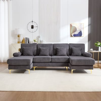 DESMIU U-Bank 265 x 135 Cm - Met LED-Verlichting En USB-C-Poort - Voor Woonkamer En Gezellige Avonden - Velvet - Grijs