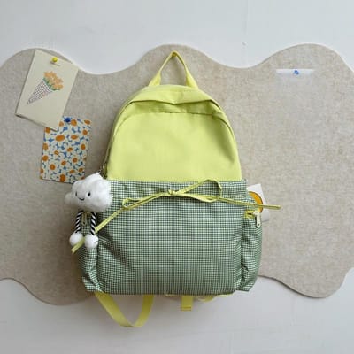 Schooltas met Strik Meisje Veelzijdig Japanse Middelbare School en College Studenten Reisrugzak Grote Capaciteit Ruitjes Rugzak single package beige