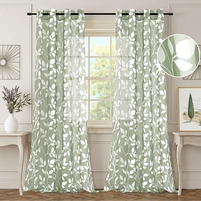 Qelus Botanische Vitrage met Ringen - Set Van 2 - Transparante Gordijnen Digitale Print Groene Bladeren - Kant en Klaar Woonkamer - 140x175cm - Saliegroen