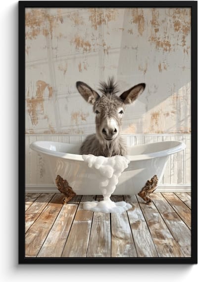 Poster in lijst - Fotolijst 60x90 cm - Posters - Ezel - Dieren - Badkuip - Schuim - Posterlijst zwart - Wanddecoratie badkamer - Muurdecoratie WC - Decoratieve accessoires - Toilet muur decoratie
