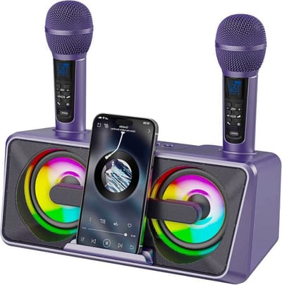 Karaokemachine voor Volwassenen En Kinderen Met 2 UHF Draadloze Microfoons, Draagbare Bluetooth Zangluidsprekers PA-systeem Met Discolampen En Telefoonhouder – Ideaal Voor Thuisfeest, Picknick, Auto
