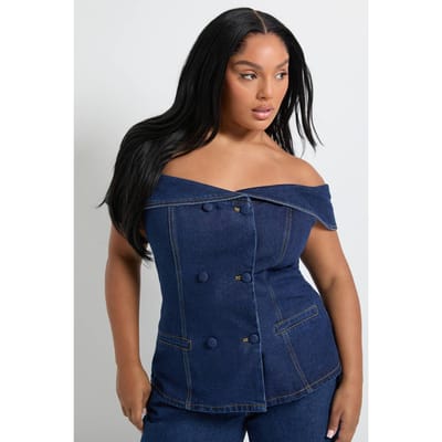 boohoo Dames Plus Bardot Button Down Denim Top | Indigo | Maat: 24