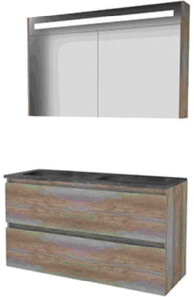 Basic-Line Premium 46 Badkamermeubelset - 120 x 46 cm - Greeploos - 2 Lades - Hardstenen Wastafel - 2 Kraangaten - Spiegelkast met LED Verlichting - Scotch Oak