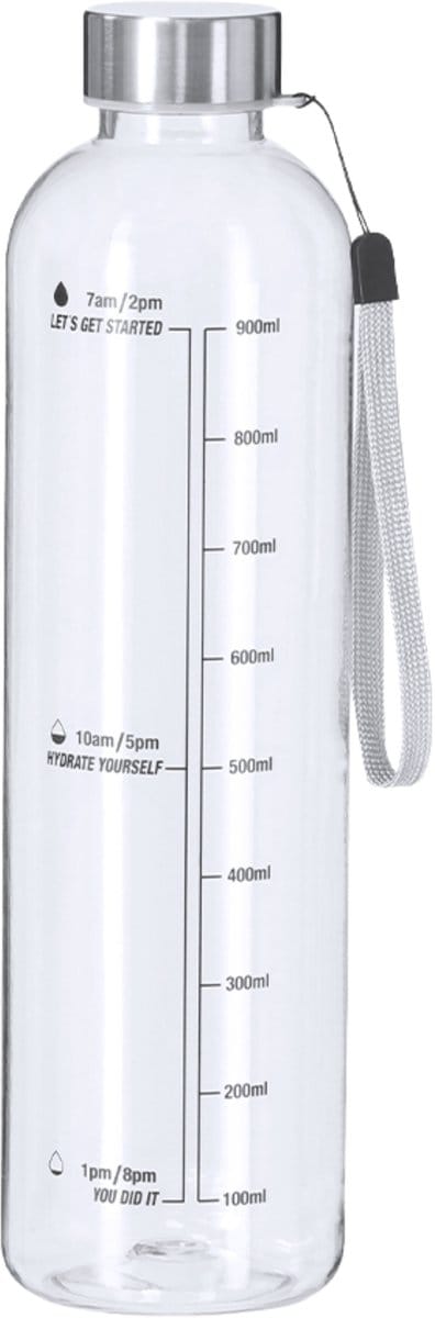 Makito Waterfles/drinkfles - motivatiefles - transparant - met RVS dop - 1000 ml - D7 cm - Met capaciteitsindicator