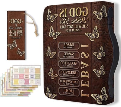 Bruine vlinder Bijbelhoes met bladwijzer, PU leren tas voor notitieboeken en Bijbels, 20,3 x 28,5 x 5,9 cm, ideaal voor Christelijke doeleinden