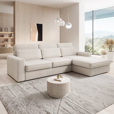 Meubella - Montore - Hoekbank 3-zits - Ribstof beige - Rechts