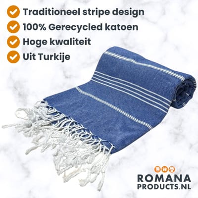 Romana Products Stripe Hamamdoek - Baddoek - Strandlaken - Saunalaken - 100cm x 180cm - Denim Blauw