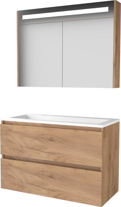 Basic Premium 46 badmeubelset met spiegelkast met geïntegreerde LED verlichting, greeploze wastafelonderkast met 2 lades en acryl wastafel met 2