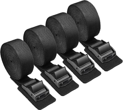 Set van 4 spanbanden - 2,5 m lange spanbanden, 2,5 cm brede spanbanden - bevestigingsbanden met roestvrijstalen gespen - geschikt voor auto's, bagagedragers, fietsen en kamperen - zwart