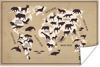 Poster 30x20 cm - Wereldkaart - Beige - Dieren - Posters - Kamer decoratie - Wanddecoratie woonkamer - Muurdecoratie slaapkamer