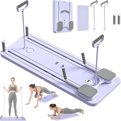 Pilates Reformer Compact - Fitnessapparaat Thuis - Buikspier Training - Automatische Terugslag - 41x11x55 cm - Paars