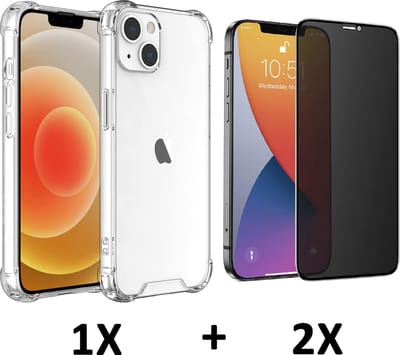 Casemania Hoesje Geschikt voor Apple iPhone 14 - Transparant / 2X Privacy Glazen Screenprotector - Anti-Shock Hybrid Back Cover