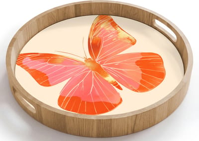 Dienblad rond 40x40 cm - Schootdienblad hout - Vlinder - Minimalistisch - Roze - Borrelplank rechthoek - Plateau houten dienbladen