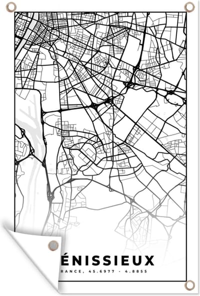 Muurdecoratie Vénissieux - Plattegrond - Kaart - Frankrijk - Stadskaart - Zwart wit - 120x180 cm - Tuinposter - Tuindoek