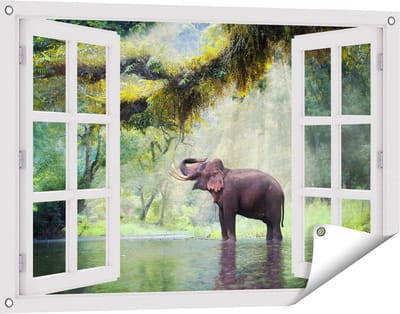 Gards Tuinposter Doorkijk Vrolijke Olifant in het Water - 90x60 cm - Tuindoek - Tuindecoratie - Wanddecoratie buiten - Tuinschilderij