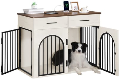 HILINSIE 100 cm Hondenhok Meubel met 2 Opberglades, Binnenkennel met Laadstation, Houten Hondenkooi Bijzettafel Kennel voor Middelgrote/Grote Honden, 100 × 60 × 81 cm,Wit en Bruin