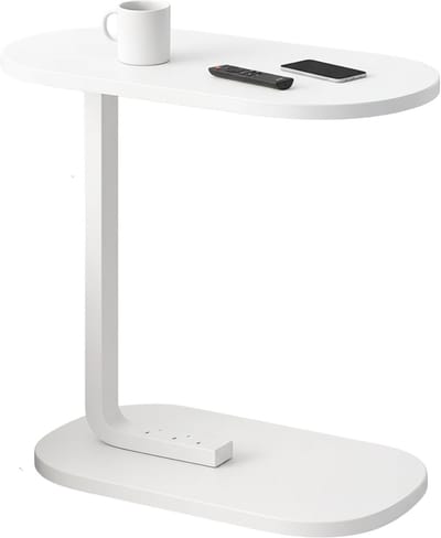 Lomera Bijzettafel Wit - Banktafel metaal - Mdf Blad - Wit Onderstel - C-Vormige Tafel - Compacte Bijzettafel - Metaal met Hout - Tafeltje - Bijzet Tafel - Nachtkastje - Sidetable - Woonkamer Tafel - Moderne Stijl
