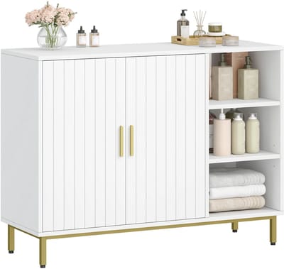 CINK Home Badkamerkast - 2 deuren en open vakken - Verstelbare plank - Wit en goud - 100 x 35 x 75 cm