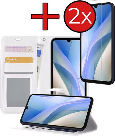 Hoesje - Met 2x Screenprotector - Geschikt voor Samsung Galaxy A15 - Luxe Pasjeshouder - Flip Case - Bookcase Portemonee - Kunstleer Book Case - Flipcase Hoes - Book Cover - Walletcase - Portemonneehoes - Telefoonhoes - Wit