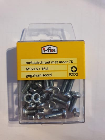 Metaalschroef. M5 x 16mm. lang. Verzinkt. Bolkop-Kruiskop-PZD-2. 16 stuks Bout met Moer. Ifix.