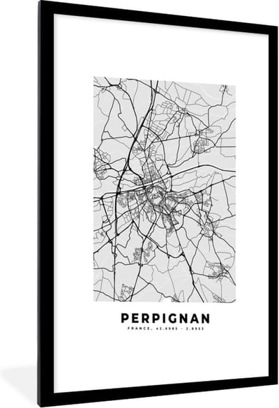 Fotolijst incl. Poster - Plattegrond - Perpignan - Stadskaart - Kaart - Frankrijk - 60x90 cm - Posterlijst