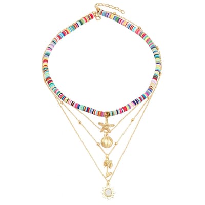 5-delige dames ketting set met zomerse bedels – kleurrijke kralen en goudkleurige hangers van zeester, schelp, palmboom en zon