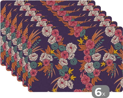 Placemat - Placemats kunststof - Boeket - Bloemen - Tropisch - Patroon - 45x30 cm - 6 stuks - Hittebestendig - Anti-Slip - Onderlegger - Afneembaar