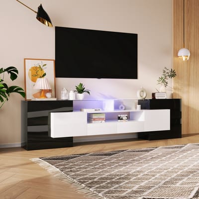 MEUNIQ tv-meubel 200 cm met LED-verlichting, 4 deuren, 2 lades en 3 vakken, hoogglans zwart-wit dressoir voor woonkamer
