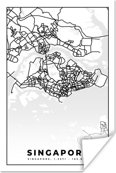 Poster Singapore - Plattegrond - Kaart - Stadskaart - Zwart Wit - 120x180 cm XXL