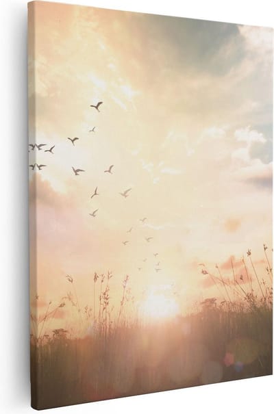 Artaza Canvas Schilderij Zonsondergang - 80x100 cm - Groot - Wanddecoratie Vogels - Muurdecoratie Natuur - Schilderijen Op Canvas Landschap