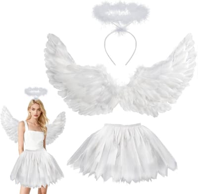 Volwassenen Kostuum met Engel Vleugels, Tutu Rok en Halo voor Halloween en Feestjes, Perfect voor Dames en Kinderen