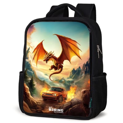 NoBoringSuitcases.com® - Rugzak zwart - Schooltas jongen & meisje - Vliegende draak boven vurige bergweg - Rugtas voor school - Boekentas kind - Schoolrugzak - Kinderrugzak