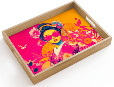 Dienblad hout 40x30 cm - Schootdienblad - Vrouw - Zonnebril - Abstract - Oranje - Borrelplank rechthoek - Plateau dienbladen