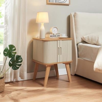 Ronde Bijzettafel met Opbergruimte Bamboe en Crèmewit Vierkant