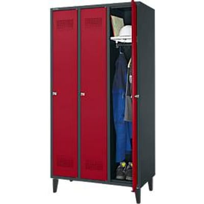 Schäfer Shop Genius Garderobekast met poten, 3 vakken, 300 mm vakbreedte, cilinderslot, antraciet/rode kleur: antraciet/rubberrood