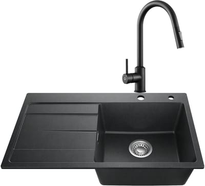 CECIPA MAX Granieten Spoelbak 78x45CM Zwart - Spoelbakken Keuken Met Keukenkraan - Spoelbak Met Planchet en Afdruiprek - Spoelbakken Incl. Sifon en Afvoerzeefje