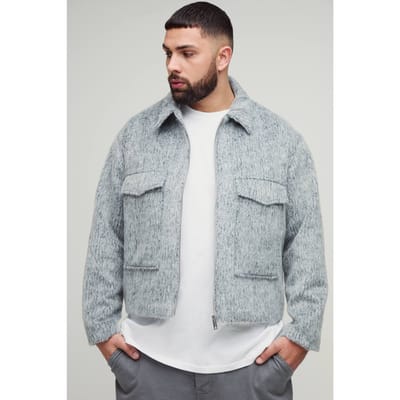 Plus Wool Blend Smart Zip Up Regular Fit Cargo Jacket | Grey | Size 2XL
