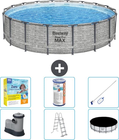 Bestway Rond Steel Pro MAX Zwembad - Steenprint - 549 x 122 - Inclusief Pomp - Ladder - Afdekzeil Onderhoudspakket - Filter - Schoonmaakset