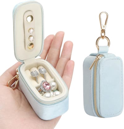 KZQ Fluwelen Mini Reisjuwelendoosje Blauw 2 in 1 Ringleutelhanger Draagbare Clutch Organizer voor Oorbellen en Kettingen Cadeau voor Haar Bruiloft Feest Vakantie