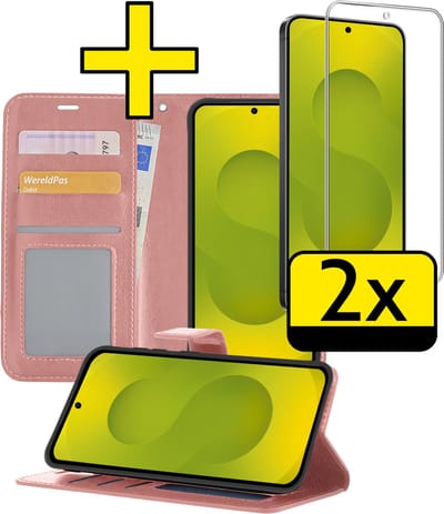 Hoesje - Met Screenprotector - Geschikt voor Samsung Galaxy S25 FE - Luxe Pasjeshouder - Bookcase Portemonee - Flip Case - Kunstleer Book Case - Flipcase - Book Cover - Walletcase - Portemonneehoes - Telefoonhoesjes - Rosé goud